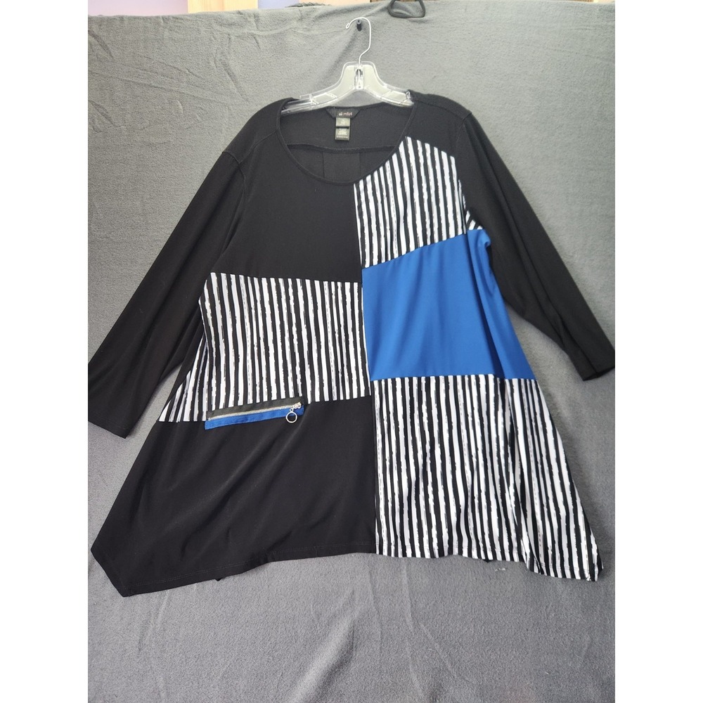 Ali‎ Miles Tunic Top Womens 1X Black  Patchwork Asymmetrical Hem Zipper Blouse